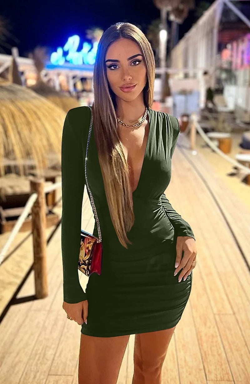 GOBLES Women's Sexy Long Sleeve V Neck Ruched Bodycon Mini Party Cocktail Dress Light Olive - Image 4