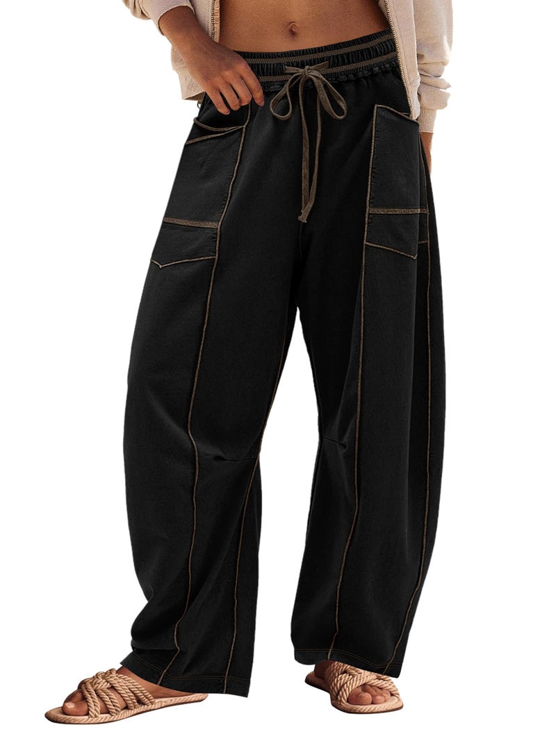 Panadila Womens Barrel Pants Drawstring Wide Leg Sweatpants Baggy Summer Lounge Pants Casual Beach Trousers (Black,XS) - Image 1