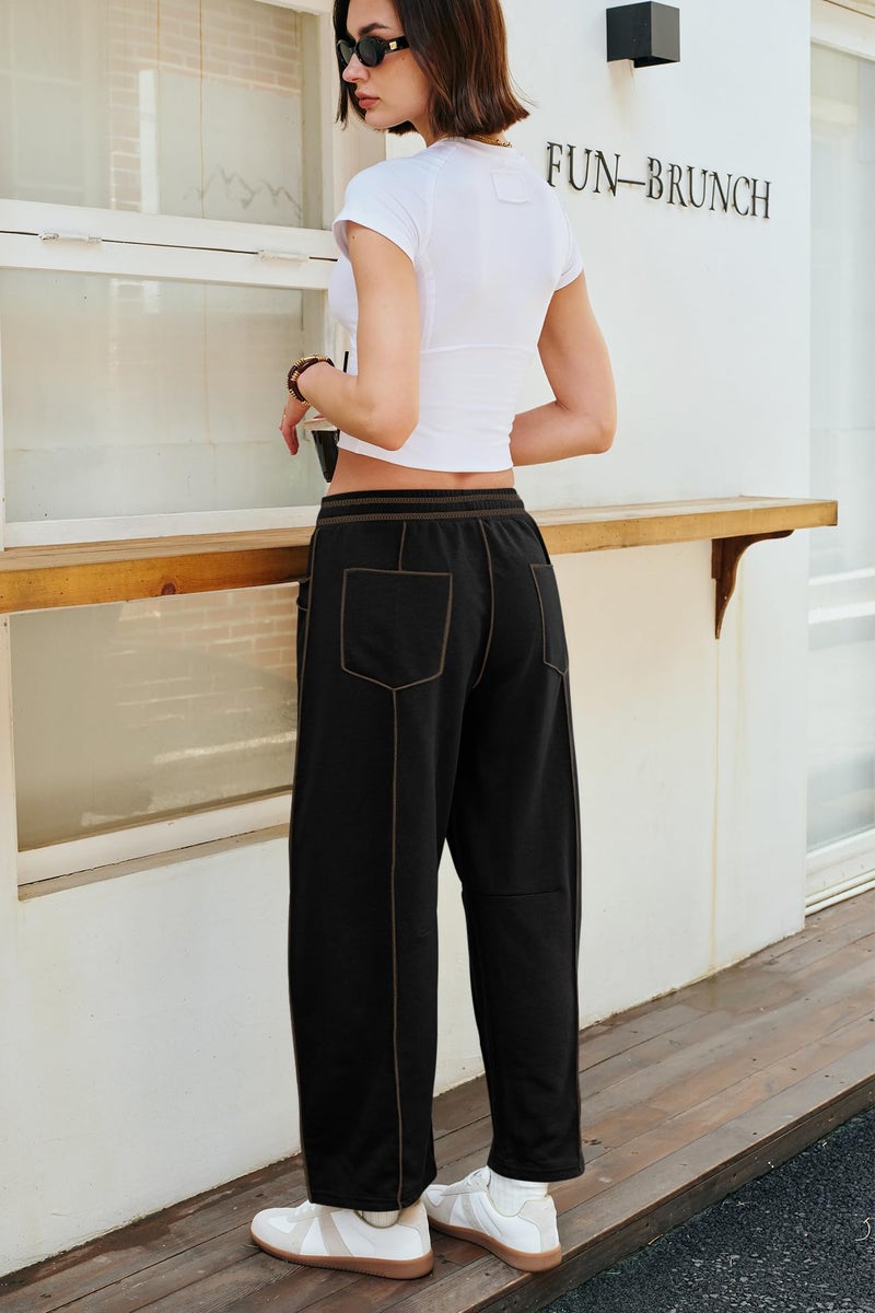 Panadila Womens Barrel Pants Drawstring Wide Leg Sweatpants Baggy Summer Lounge Pants Casual Beach Trousers (Black,XS) - Image 3