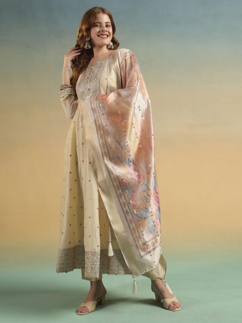 SHOPPING QUEEN Women's Silk Embroidered Kurta Set with Dupatta (A671_Pearl Cream_M) - Image 3