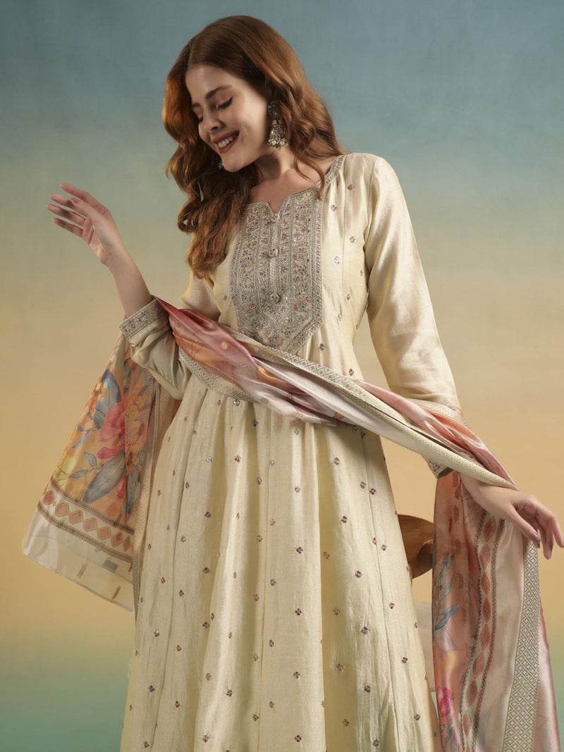 SHOPPING QUEEN Women's Silk Embroidered Kurta Set with Dupatta (A671_Pearl Cream_M) - Image 4
