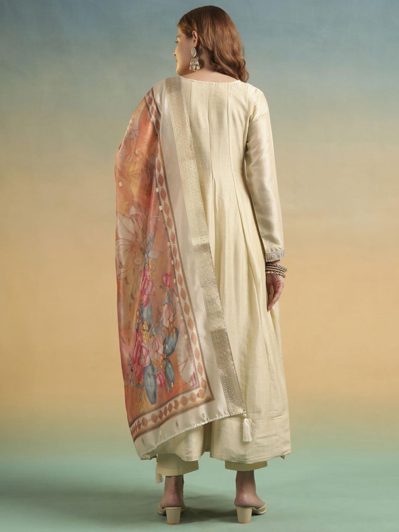 SHOPPING QUEEN Women's Silk Embroidered Kurta Set with Dupatta (A671_Pearl Cream_M) - Image 2