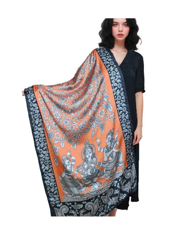 MaatirDesigns Orange Kalamkari Peacocks in a Garden Soft Vegan Silk Stole Dupatta - Image 1