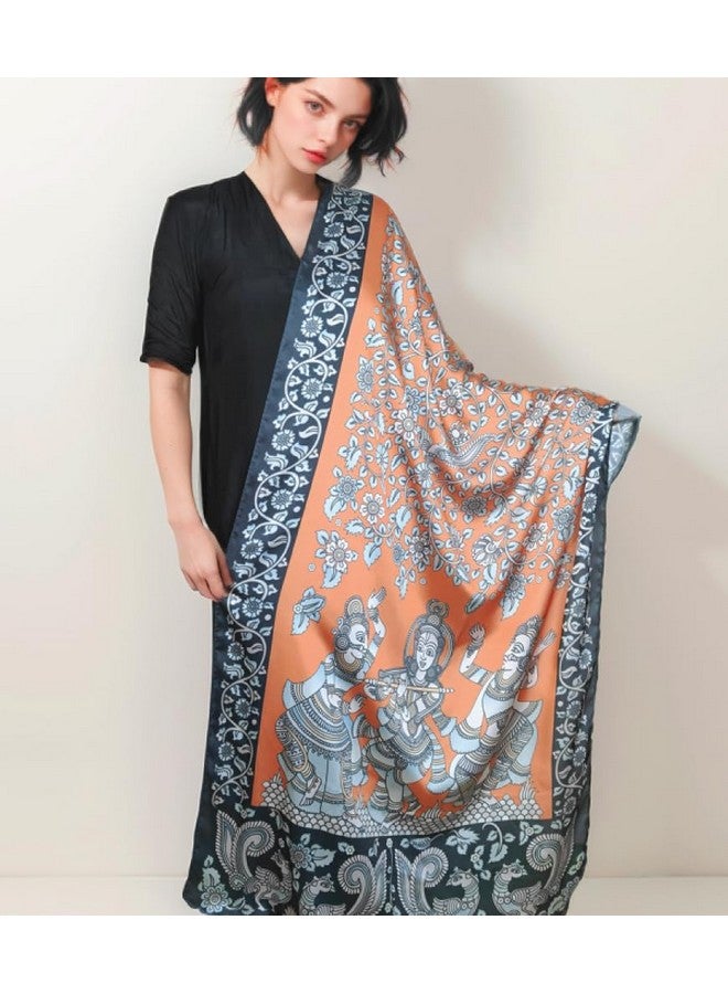 MaatirDesigns Orange Kalamkari Peacocks in a Garden Soft Vegan Silk Stole Dupatta - Image 5