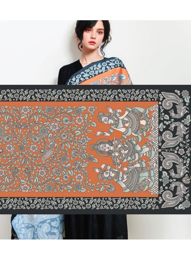 MaatirDesigns Orange Kalamkari Peacocks in a Garden Soft Vegan Silk Stole Dupatta - Image 2