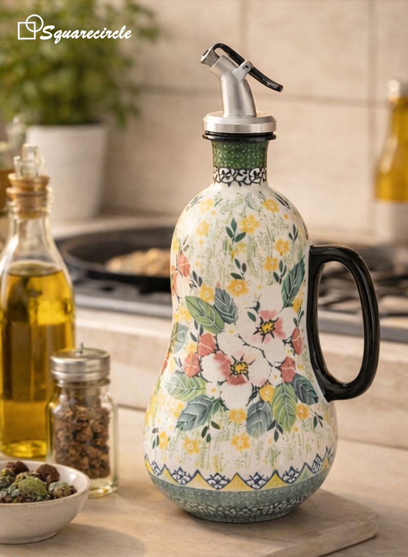 Squarecircle Italian Style Ceramic Olive Oil Dispenser – Hand Painted Oil Bottle with Handle and Stainless Steel Spout - Image 1