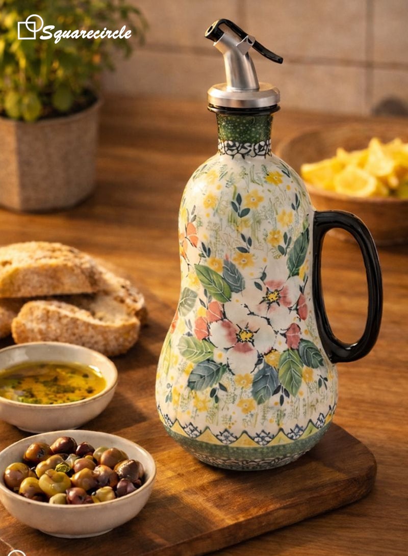 Squarecircle Italian Style Ceramic Olive Oil Dispenser – Hand Painted Oil Bottle with Handle and Stainless Steel Spout - Image 2