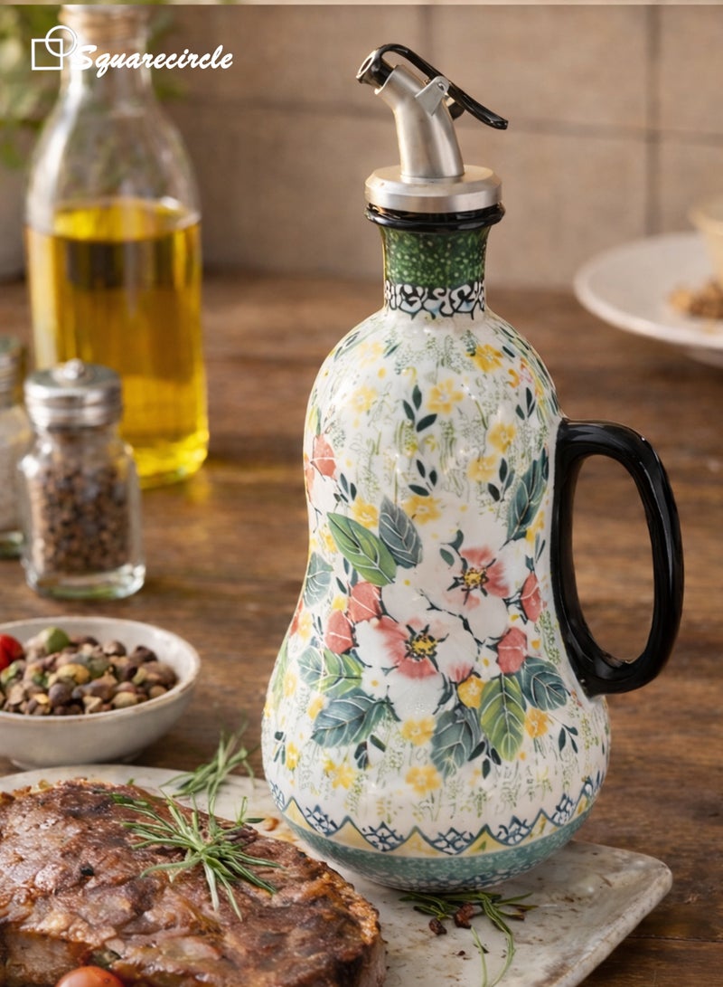 Squarecircle Italian Style Ceramic Olive Oil Dispenser – Hand Painted Oil Bottle with Handle and Stainless Steel Spout - Image 3