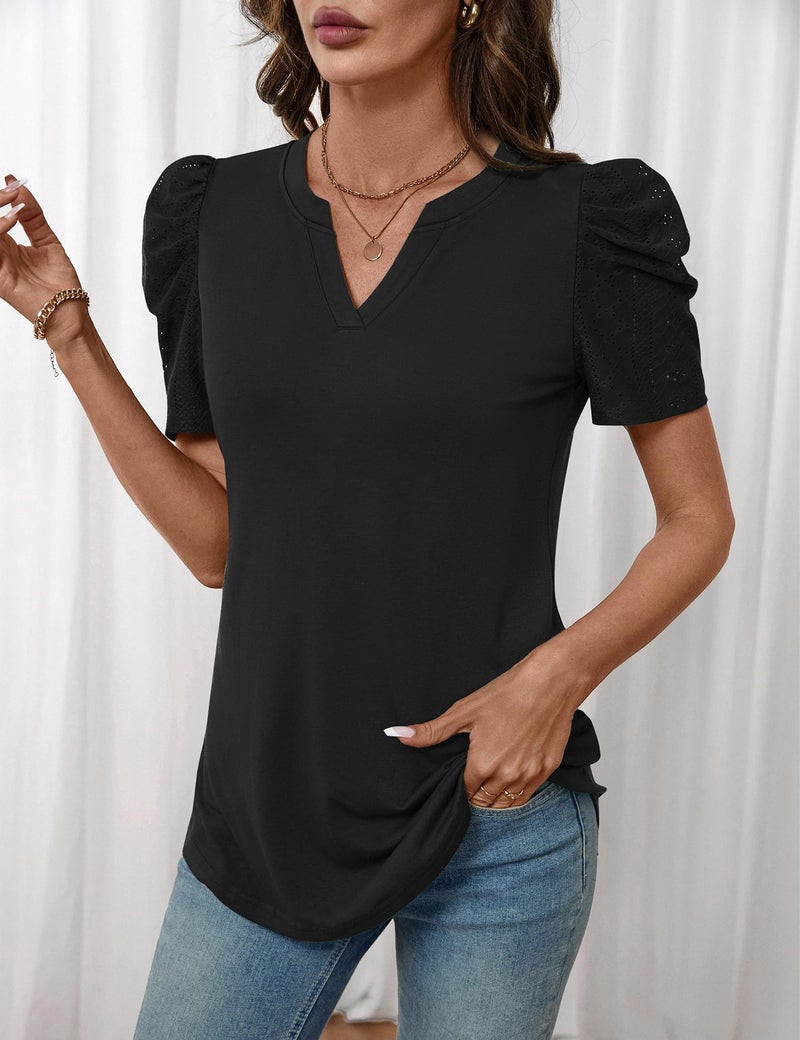 LOMON Black Top Womens Shirts Ladies Summer Tops Embroidered Lace Eyelet Tops Womens T Shirts Loose Fit V Neck Blouses Professional Clothes Black S - Image 4