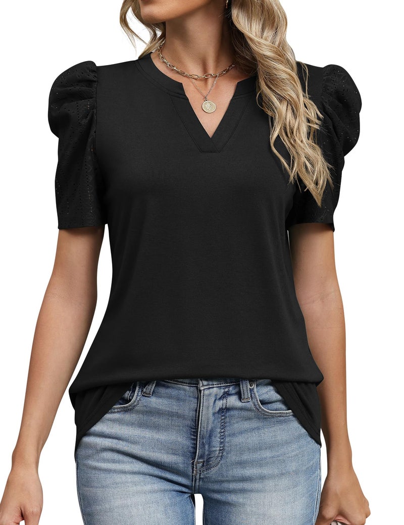 LOMON Black Top Womens Shirts Ladies Summer Tops Embroidered Lace Eyelet Tops Womens T Shirts Loose Fit V Neck Blouses Professional Clothes Black S - Image 2