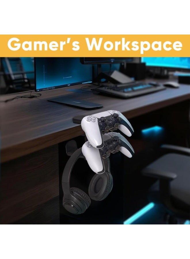 DIOTTI 3-in-1 Under Desk Headphone Stand with Adjustable Clamp Mount, 2 Controller Slots & 1 Headset Universal Holder Stand, Rotatable Hook Rack & Cable Organizer, for Home Gaming Xbox PS5 (Black) - Image 4