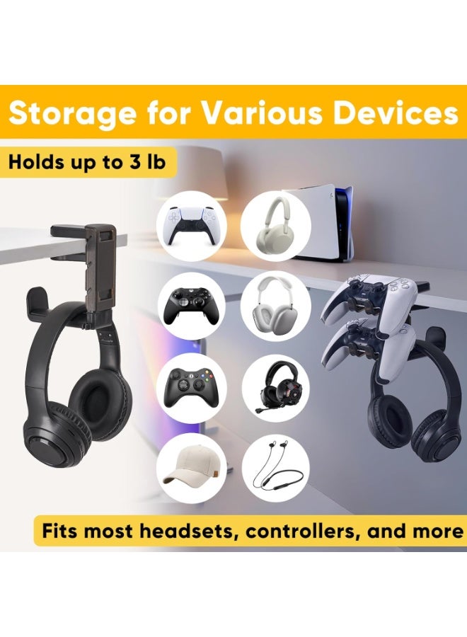 DIOTTI 3-in-1 Under Desk Headphone Stand with Adjustable Clamp Mount, 2 Controller Slots & 1 Headset Universal Holder Stand, Rotatable Hook Rack & Cable Organizer, for Home Gaming Xbox PS5 (Black) - Image 2