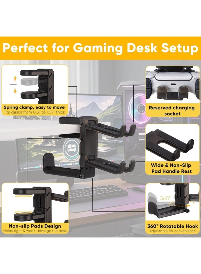 DIOTTI 3-in-1 Under Desk Headphone Stand with Adjustable Clamp Mount, 2 Controller Slots & 1 Headset Universal Holder Stand, Rotatable Hook Rack & Cable Organizer, for Home Gaming Xbox PS5 (Black) - Image 3