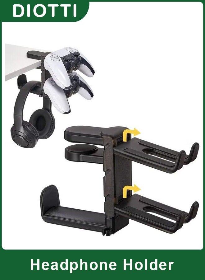 DIOTTI 3-in-1 Under Desk Headphone Stand with Adjustable Clamp Mount, 2 Controller Slots & 1 Headset Universal Holder Stand, Rotatable Hook Rack & Cable Organizer, for Home Gaming Xbox PS5 (Black) - Image 1