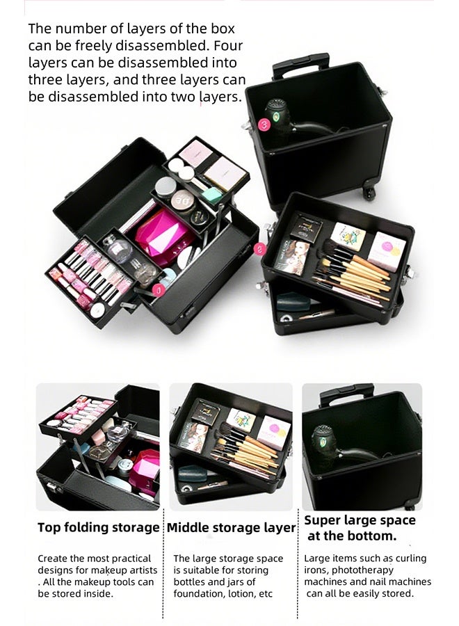 4-Tier Professional Makeup Box, حالة ماكياج فنان ماكياج, بكرات, مقابض وقضبان سحب, حالة قطار مستحضرات التجميل المحمولة ذات القدرة الكبيرة, حالة مستحضرات التجميل للسفر والخارج - Image 4