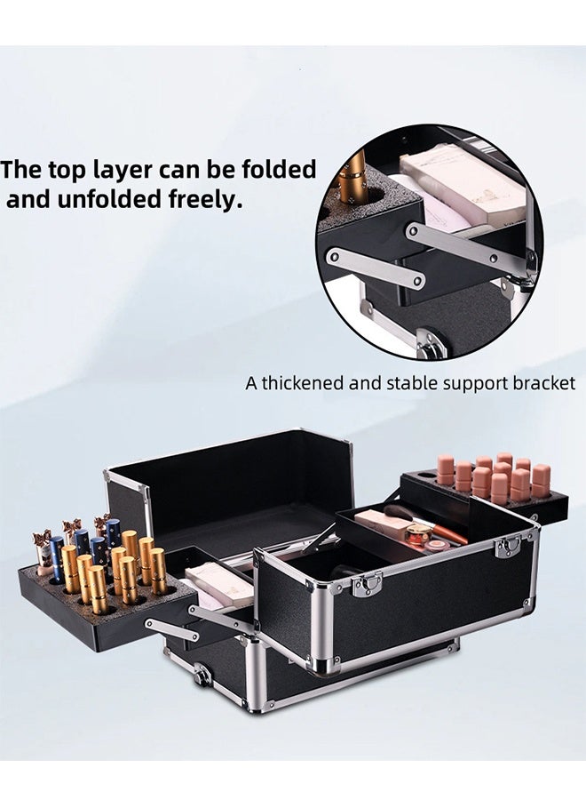 4-Tier Professional Makeup Box, حالة ماكياج فنان ماكياج, بكرات, مقابض وقضبان سحب, حالة قطار مستحضرات التجميل المحمولة ذات القدرة الكبيرة, حالة مستحضرات التجميل للسفر والخارج - Image 3