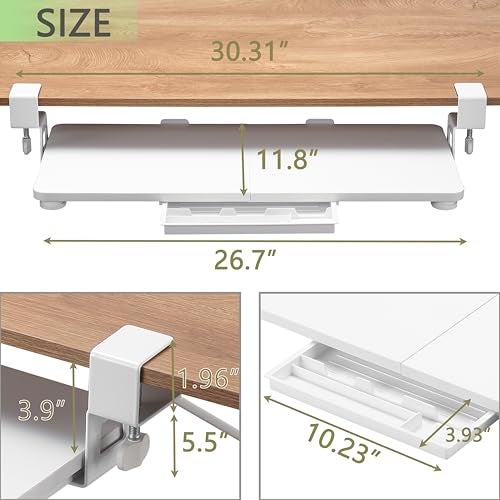ETHU Keyboard Tray Under Desk, 26.77" X 11.81" Large Size Keyboard Tray with C Clamp-on Mount Easy to Install, Computer Keyboard Stand, Ergonomic Keyboard Tray for Home and Office(White) - Image 2