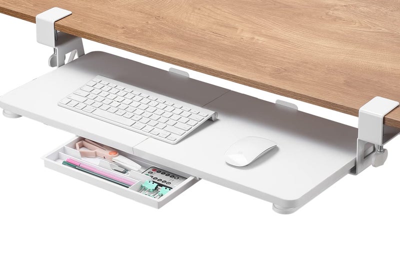 ETHU Keyboard Tray Under Desk, 26.77" X 11.81" Large Size Keyboard Tray with C Clamp-on Mount Easy to Install, Computer Keyboard Stand, Ergonomic Keyboard Tray for Home and Office(White) - Image 1