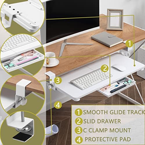 ETHU Keyboard Tray Under Desk, 26.77" X 11.81" Large Size Keyboard Tray with C Clamp-on Mount Easy to Install, Computer Keyboard Stand, Ergonomic Keyboard Tray for Home and Office(White) - Image 4