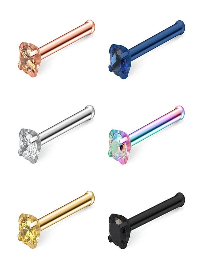 Ruifan 6PCS 20G Surgical Steel Mix Color Diamond CZ Nose Stud Rings Bone Pin Piercing Jewelry 2mm - Image 1