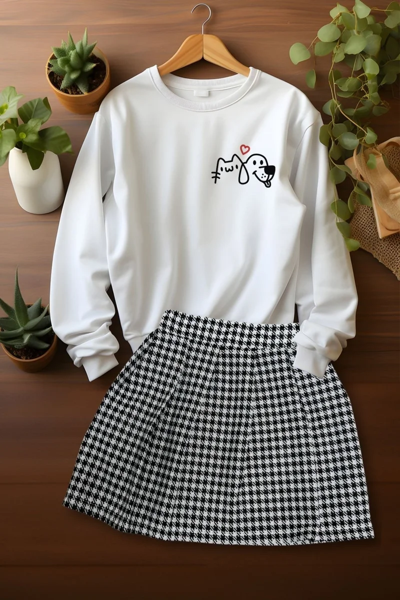 Ada Bebek Çocuk Ada Baby Child Style Plaid Skirt Cute Friends Sweat Skirt Top and Bottom Set