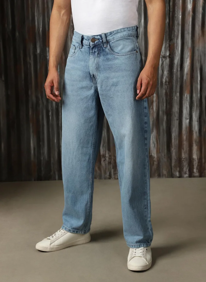 هاي ستار Men's Indigo 100% Cotton Distressed Full Length Wide Leg Jeans