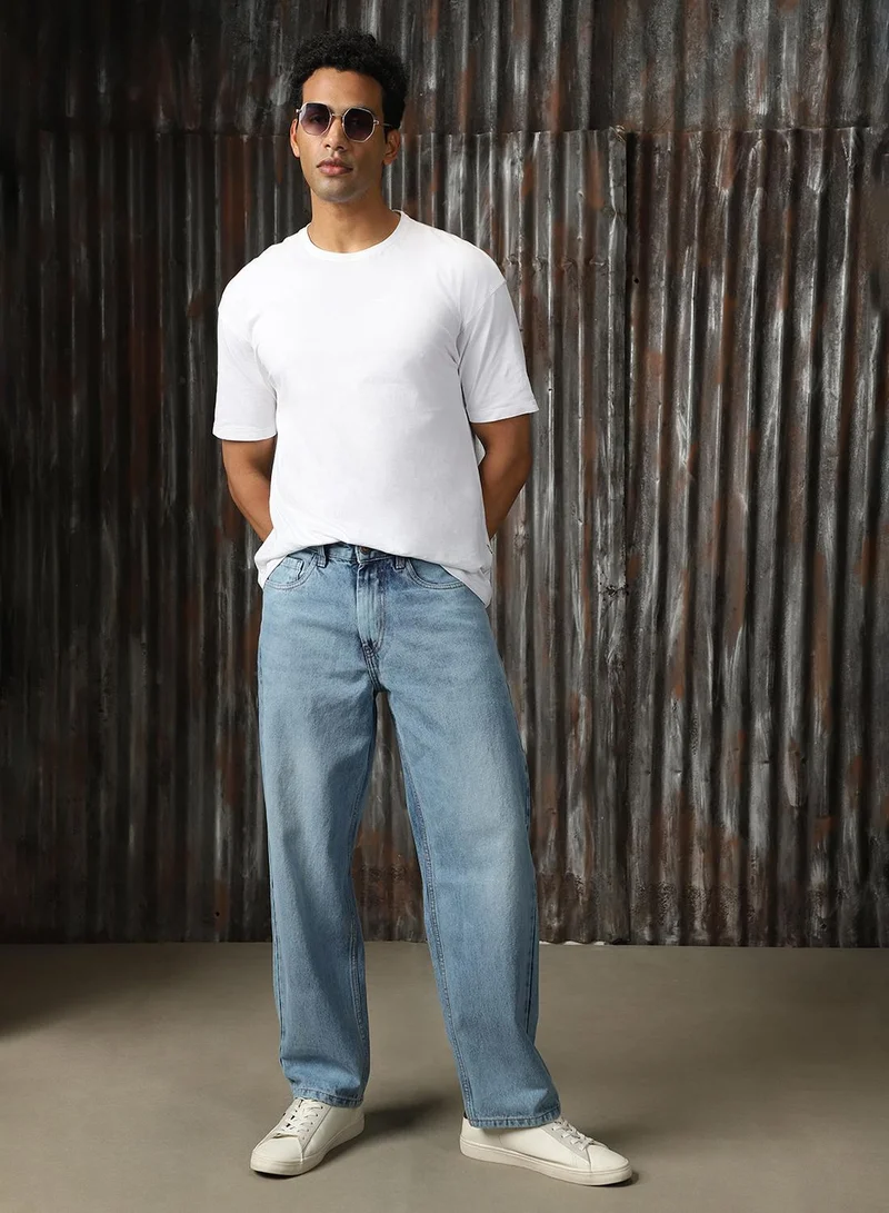 هاي ستار Men's Indigo 100% Cotton Distressed Full Length Wide Leg Jeans