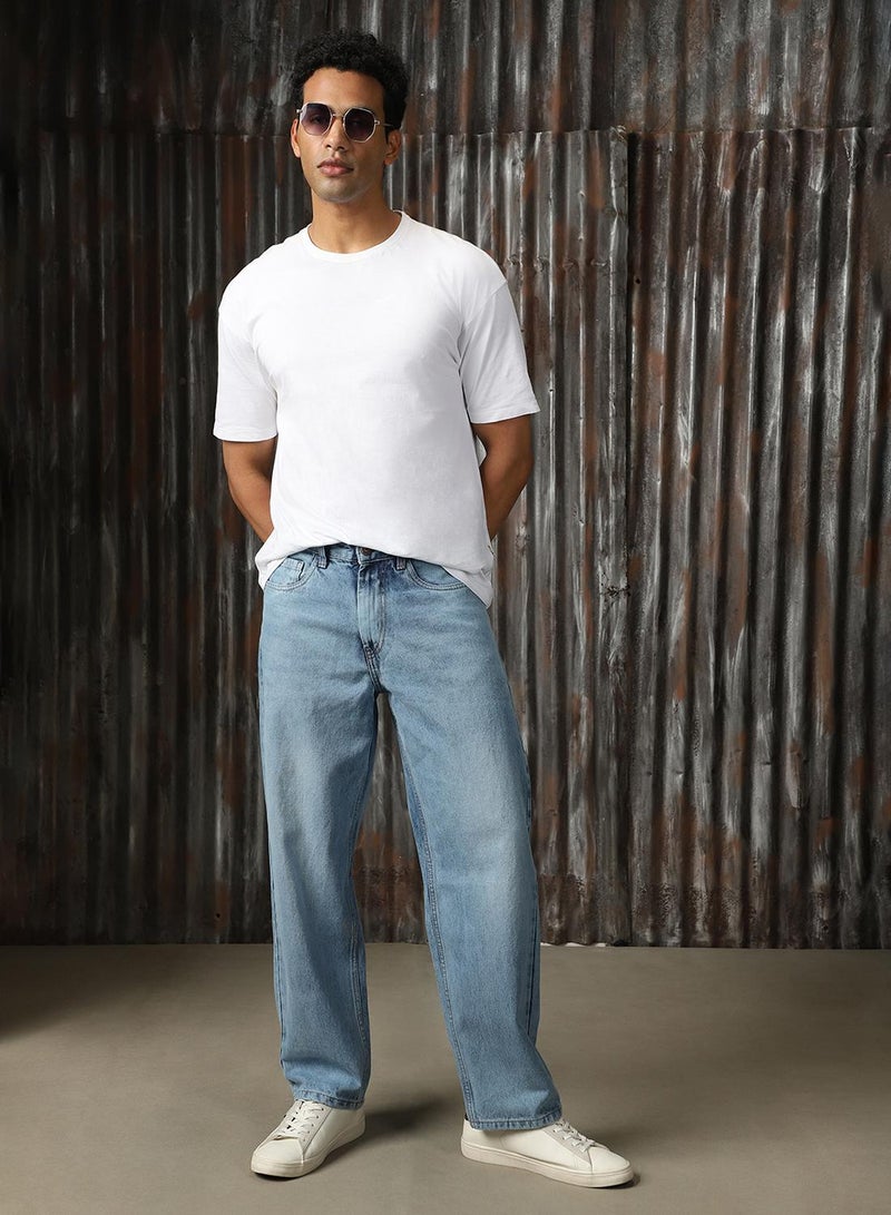 هاي ستار جينز رجالي واسع الساق باللون النيلي من القطن بنسبة % بتصميم ممزق وطول كامل - Image 1