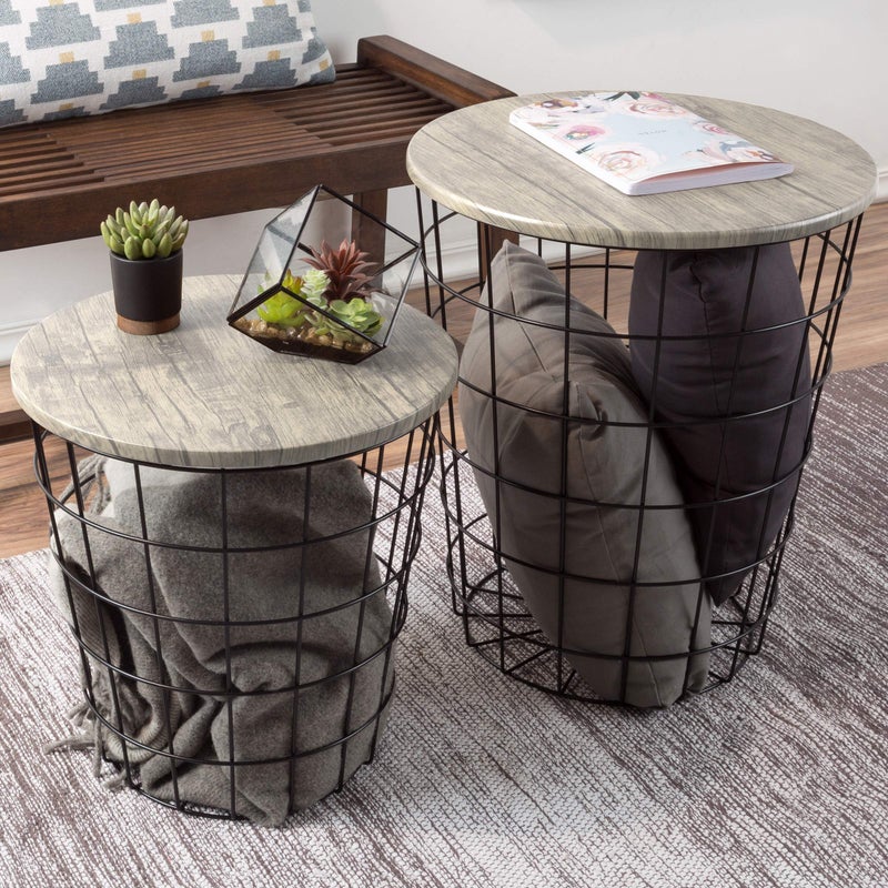 Lavish Home End Tables Set of 2  Nesting Tables with Removable Wood Tops and Metal Basket Bases for Blanket Storage  Round Side Furniture for Living Room Bedroom or Home Office by Lavish Home GrayBlack 