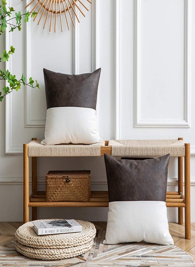 DEZENE Leather Throw Pillow Covers, Set of 2 Modern Leather/Cotton Decorative Pillowcases for Home Decor Bedroom Living Room Couch Bed Sofa, 18x18 Inch, Dark-Brown and White - Image 3