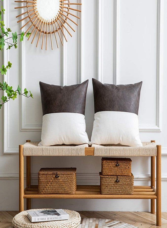DEZENE Leather Throw Pillow Covers, Set of 2 Modern Leather/Cotton Decorative Pillowcases for Home Decor Bedroom Living Room Couch Bed Sofa, 18x18 Inch, Dark-Brown and White - Image 2