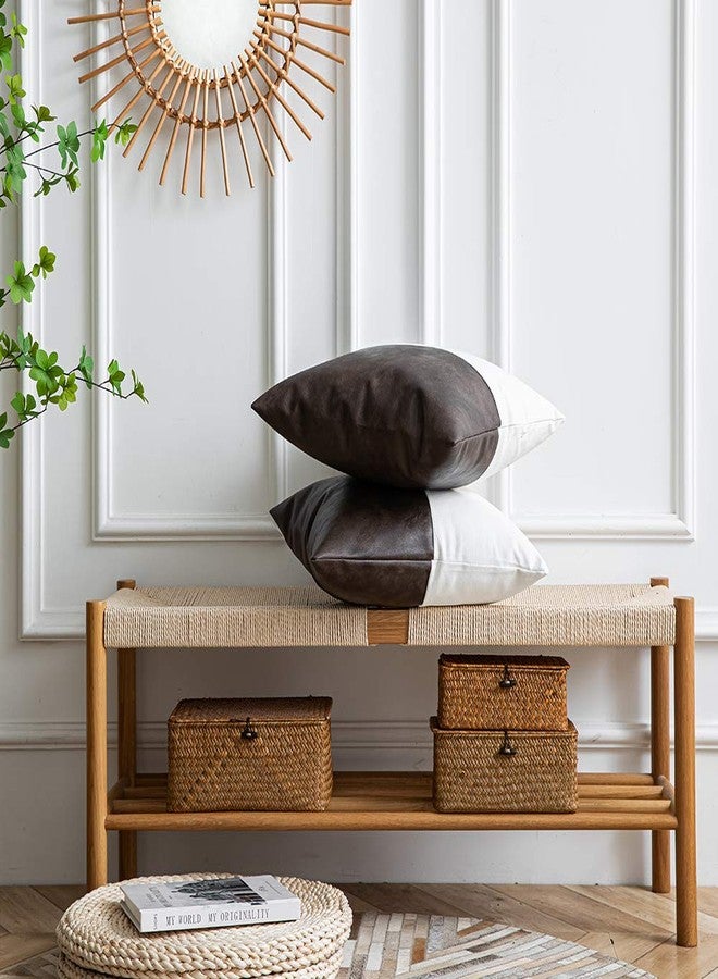 DEZENE Leather Throw Pillow Covers, Set of 2 Modern Leather/Cotton Decorative Pillowcases for Home Decor Bedroom Living Room Couch Bed Sofa, 18x18 Inch, Dark-Brown and White - Image 4