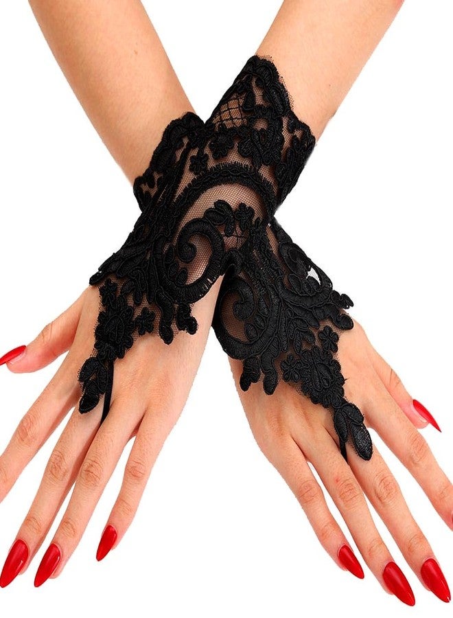 Aularso Women's Feather Lace Floral Short Fingerless Fancy Dress Gloves for Costume (Black, One Size) - Image 1