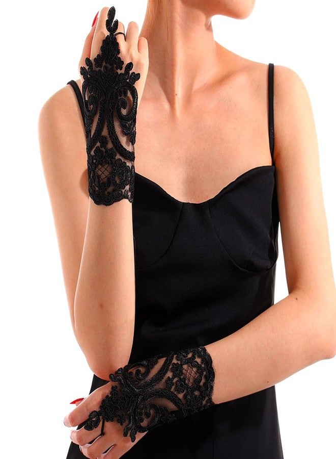 Aularso Women's Feather Lace Floral Short Fingerless Fancy Dress Gloves for Costume (Black, One Size) - Image 2