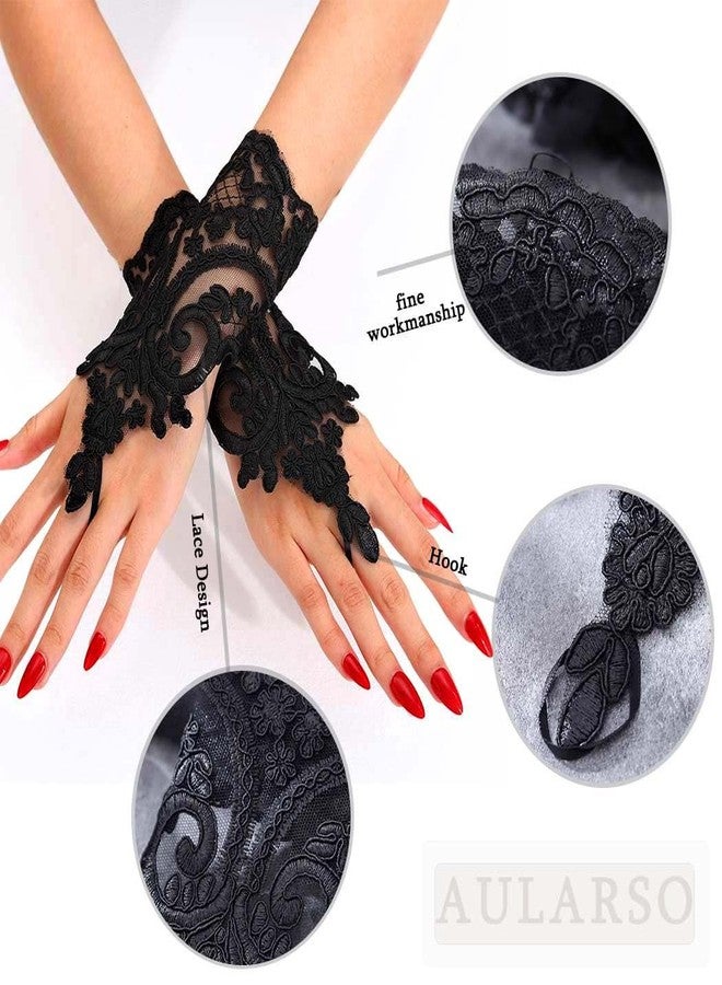 Aularso Women's Feather Lace Floral Short Fingerless Fancy Dress Gloves for Costume (Black, One Size) - Image 3