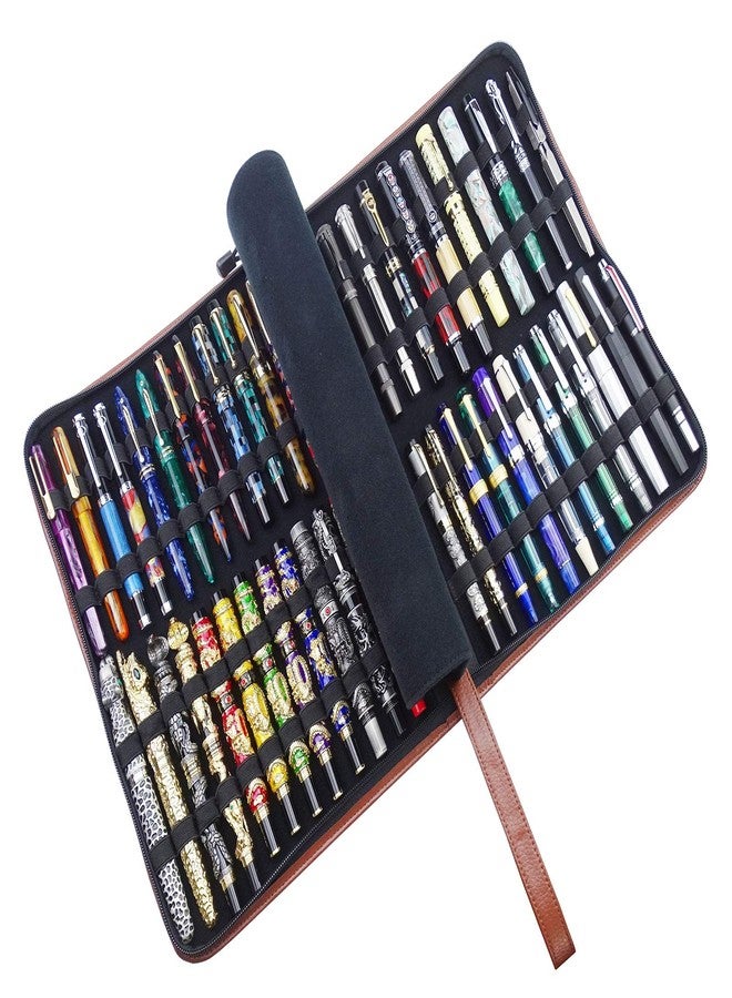 Lanxivi Coffee Cowhide Leather Fountain Pen Case for Various Size Pens, 46 Slot Display Holder Bag - Image 1