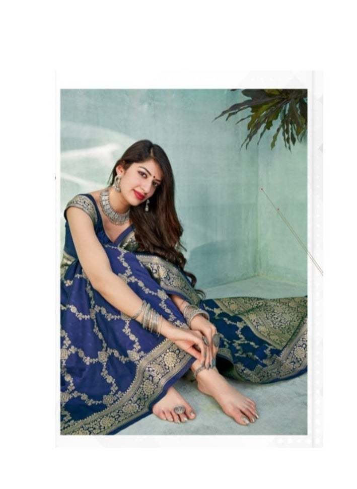 Grab Mantra - Blue Silk Golden Print  Saree With Unstitched Blouse - Image 1