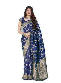 Blue Silk Golden Print  Saree With Unstitched Blouse