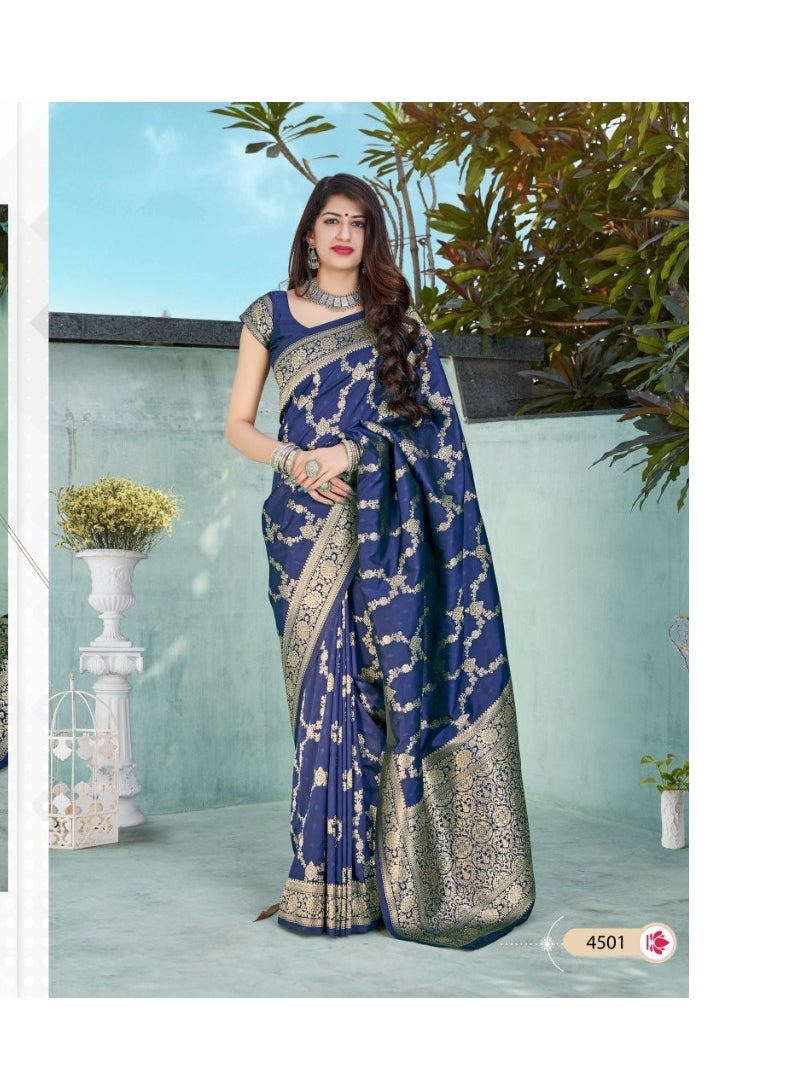 Grab Mantra - Blue Silk Golden Print  Saree With Unstitched Blouse - Image 1