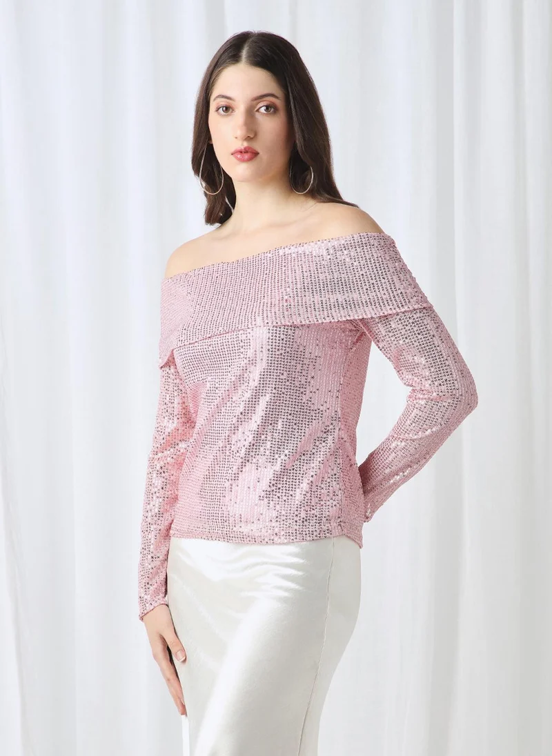 globus Globus Women Pink Off Shoulder Long Sleeves Embellished Party Top