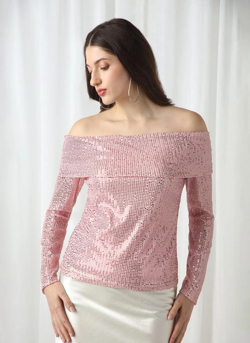 globus Globus Women Pink Off Shoulder Long Sleeves Embellished Party Top