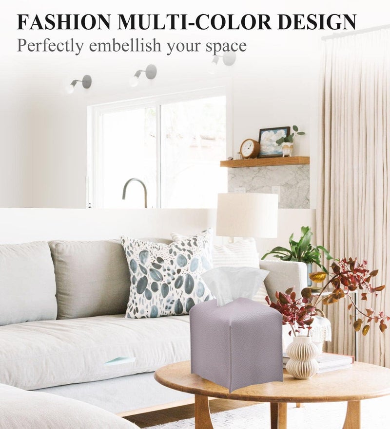 Livelab Tissue Box Cover, Square Decorative PU Leather Tissue Box Holder Modern Tissue Case Facial Paper Organizer Dispenser for Bathroom, Vanity Countertop, Night Stand, Desk 5X5X5'' | Light Purple - Image 3