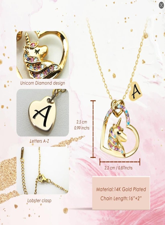 PYXC Valentines Day Gifts - Unicorn Necklace Gifts for Girls, Gold CZ Heart Unicorn Jewelry Initial Girls Birthday Colorful Heart Necklace Birthday present, 16"+2", Copper, Cubic Zirconia - Image 4