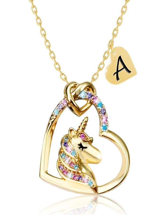 PYXC Valentines Day Gifts - Unicorn Necklace Gifts for Girls, Gold CZ Heart Unicorn Jewelry Initial Girls Birthday Colorful Heart Necklace Birthday present, 16"+2", Copper, Cubic Zirconia - Image 1