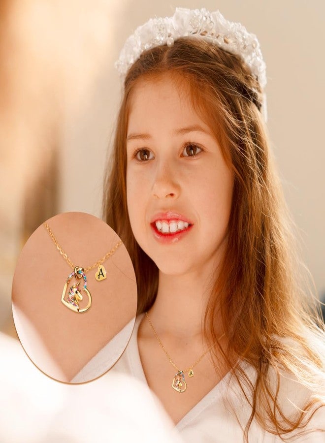 PYXC Valentines Day Gifts - Unicorn Necklace Gifts for Girls, Gold CZ Heart Unicorn Jewelry Initial Girls Birthday Colorful Heart Necklace Birthday present, 16"+2", Copper, Cubic Zirconia - Image 3