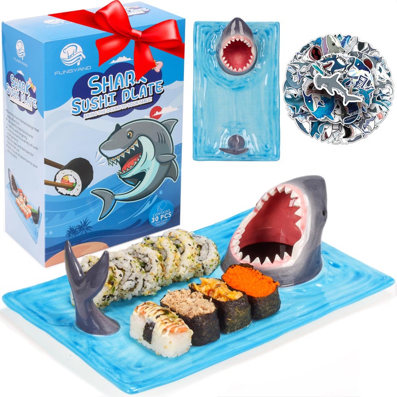 FUNGYAND Shark Sushi Plate, Hand-painted Underglaze Color Ceramics, Serving Plates for Sushi, Sashimi, Dumpling Dishwasher & Microwave Safe - Image 1