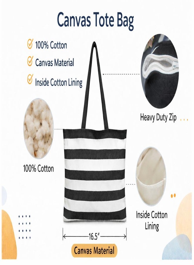 CRAZYWEAVES Tote Bag for Women, Reusable Grocery Shopping Bag in High Density Cotton Fabric, Shoulder Carry Bag for Office, Travel & Daily Use, Black Stripe - Image 3