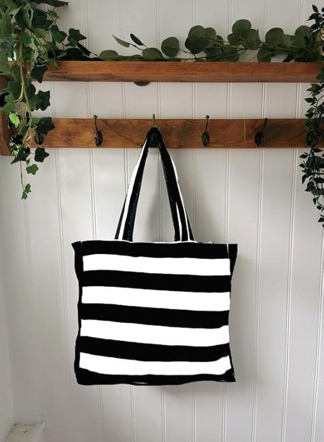 CRAZYWEAVES Tote Bag for Women, Reusable Grocery Shopping Bag in High Density Cotton Fabric, Shoulder Carry Bag for Office, Travel & Daily Use, Black Stripe - Image 5