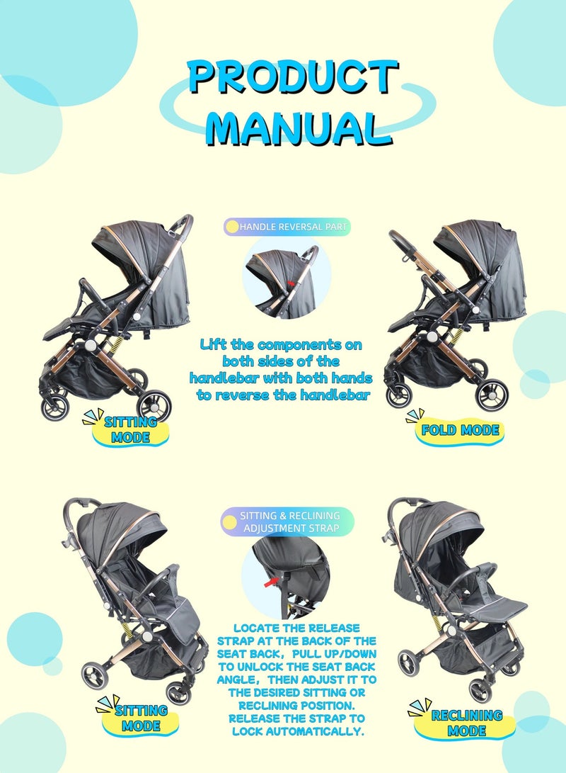 Foldable Two-way One-click Ultra Lightweight Travel Stroller with Adjustable Canopy Foldable Storage Basket Comfortable Shock Absorbent Multi Position Reclining Seat NO.1105 - Image 4