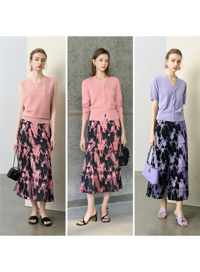 Yanyee Versatile Slimming A-line Skirt For Women  Early Spring Elegant Commuter Mid-length Skirt Purple Floral L - Image 2